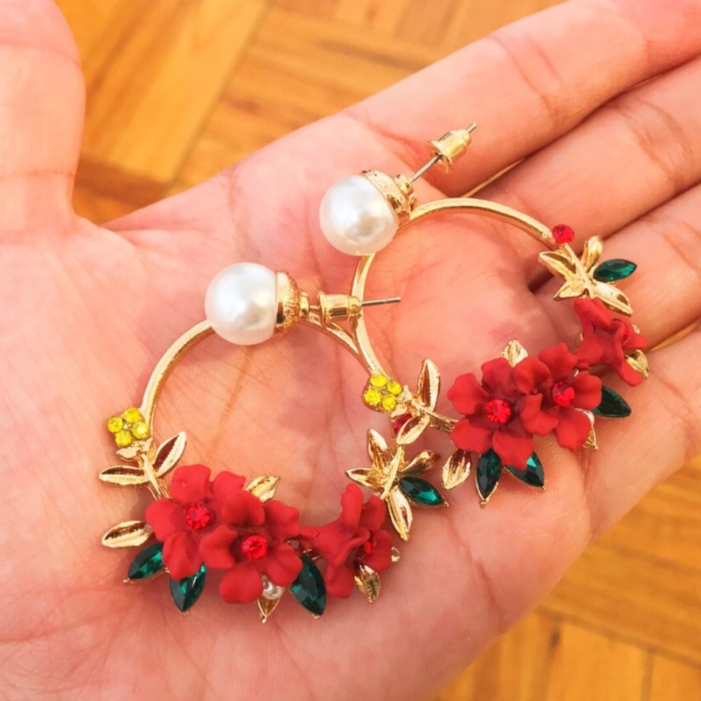 5 for $25 Red Hoop Flower Earrings - Picture 2 of 5